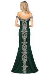 Long Off-the-Shoulder Floor Length Mermaid Evening Dress with Gold Appliques