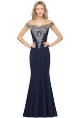 Long Off-the-Shoulder Floor Length Mermaid Evening Dress with Gold Appliques