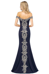 Long Off-the-Shoulder Floor Length Mermaid Evening Dress with Gold Appliques