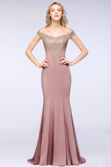 Long Off-the-Shoulder Floor Length Mermaid Evening Dress with Gold Appliques