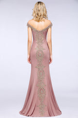 Long Off-the-Shoulder Floor Length Mermaid Evening Dress with Gold Appliques