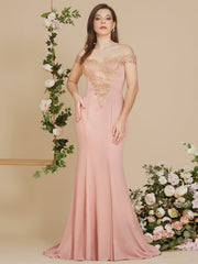 Long Off-the-Shoulder Floor Length Mermaid Evening Dress with Gold Appliques