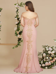 Long Off-the-Shoulder Floor Length Mermaid Evening Dress with Gold Appliques