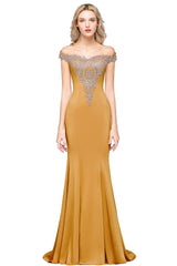 Long Off-the-Shoulder Floor Length Mermaid Evening Dress with Gold Appliques