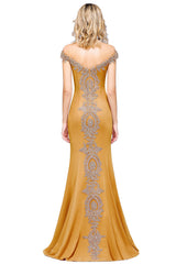 Long Off-the-Shoulder Floor Length Mermaid Evening Dress with Gold Appliques