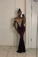 Long Off-the-Shoulder Floor Length Mermaid Evening Dress with Gold Appliques