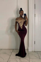 Long Off-the-Shoulder Floor Length Mermaid Evening Dress with Gold Appliques