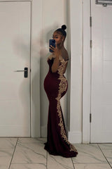 Long Off-the-Shoulder Floor Length Mermaid Evening Dress with Gold Appliques
