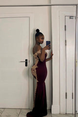Long Off-the-Shoulder Floor Length Mermaid Evening Dress with Gold Appliques
