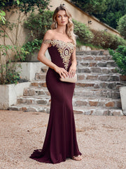 Long Off-the-Shoulder Floor Length Mermaid Evening Dress with Gold Appliques