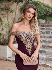 Long Off-the-Shoulder Floor Length Mermaid Evening Dress with Gold Appliques