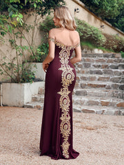 Long Off-the-Shoulder Floor Length Mermaid Evening Dress with Gold Appliques
