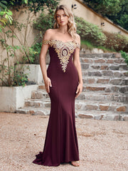 Long Off-the-Shoulder Floor Length Mermaid Evening Dress with Gold Appliques