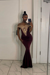 Long Off-the-Shoulder Floor Length Mermaid Evening Dress with Gold Appliques
