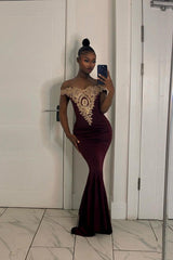 Long Off-the-Shoulder Floor Length Mermaid Evening Dress with Gold Appliques