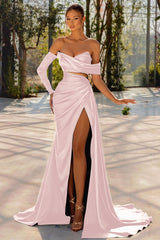 Dark Green One Shoulder Off the Shoulder Prom Dress with Pleated