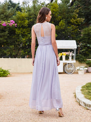 Long Off The Shoulder Round Neck Chiffon Bridesmaid Dress with Floral Lace and Ruffle