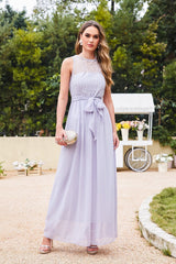Long Off The Shoulder Round Neck Chiffon Bridesmaid Dress with Floral Lace and Ruffle