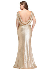 Long Open Back Sequins Scoop Neck Mermaid Floor Length Bridesmaid Dress