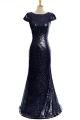 Long Open Back Sequins Scoop Neck Mermaid Floor Length Bridesmaid Dress