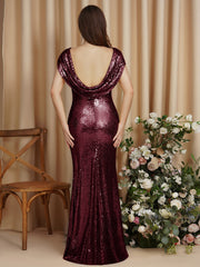 Long Open Back Sequins Scoop Neck Mermaid Floor Length Bridesmaid Dress
