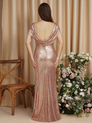 Long Open Back Sequins Scoop Neck Mermaid Floor Length Bridesmaid Dress
