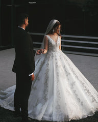 Long Princess V-Neck Wedding Dress with Lace and Tulle Appliques