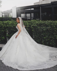 Long Princess V-Neck Wedding Dress with Lace and Tulle Appliques