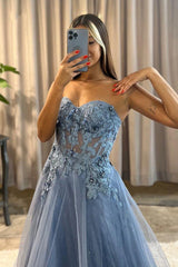 Long Prom Dress A-Line Sweetheart Appliques Tulle with Beadings