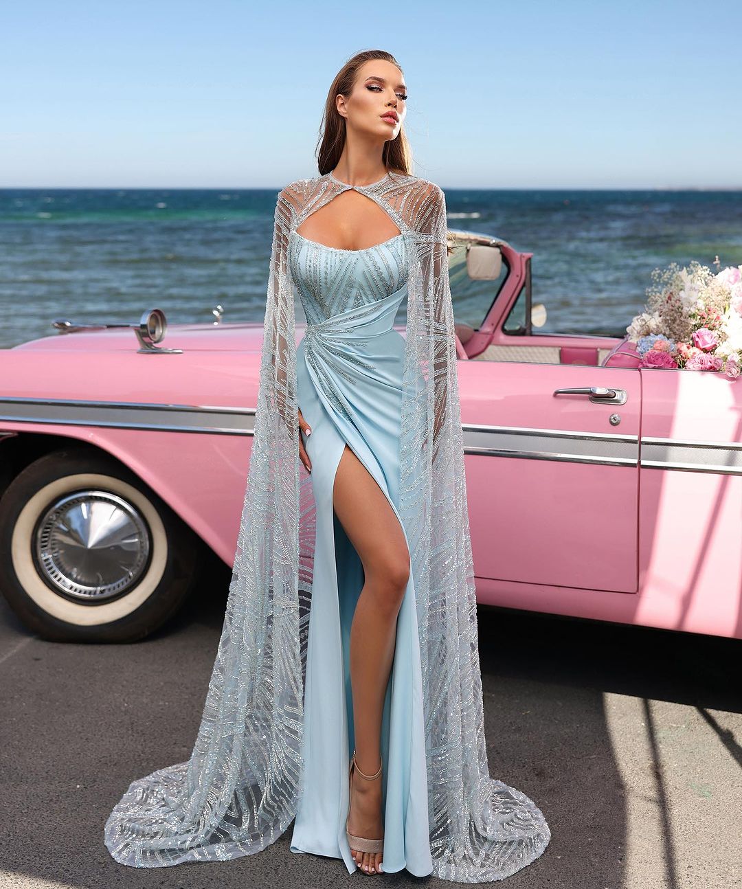 Baby Blue Strapless Long Prom Dress with High Split