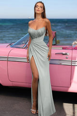 Baby Blue Strapless Long Prom Dress with High Split