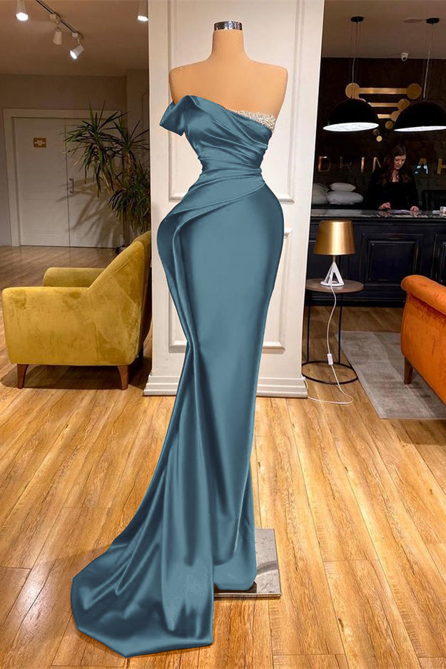 One Shoulder Strapless Mermaid Long Prom Dress with Beading and Pleats