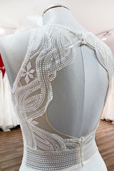 Long Satin A-line Wedding Dress Jewel Open Back With Ruffles Appliques