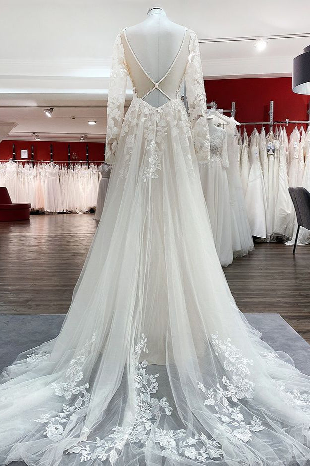 Long Sleeve A-Line Lace Wedding Dress with Open Back and Tulle Appliques