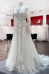 Long Sleeve A-Line Lace Wedding Dress with Open Back and Tulle Appliques