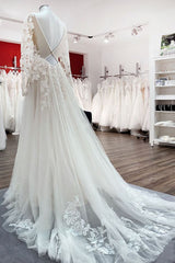 Long Sleeve A-Line Lace Wedding Dress with Open Back and Tulle Appliques