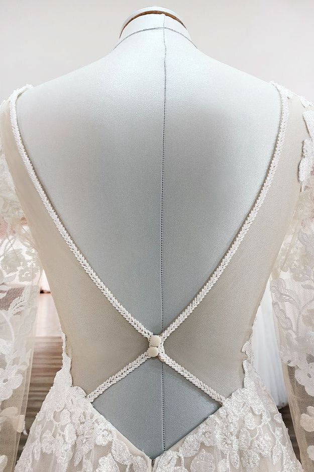 Long Sleeve A-Line Lace Wedding Dress with Open Back and Tulle Appliques