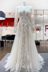 Long Sleeve A-Line Lace Wedding Dress with Open Back and Tulle Appliques