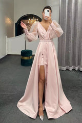 Long Sleeve A-Line Slit Evening Dress with Puff Sleeves