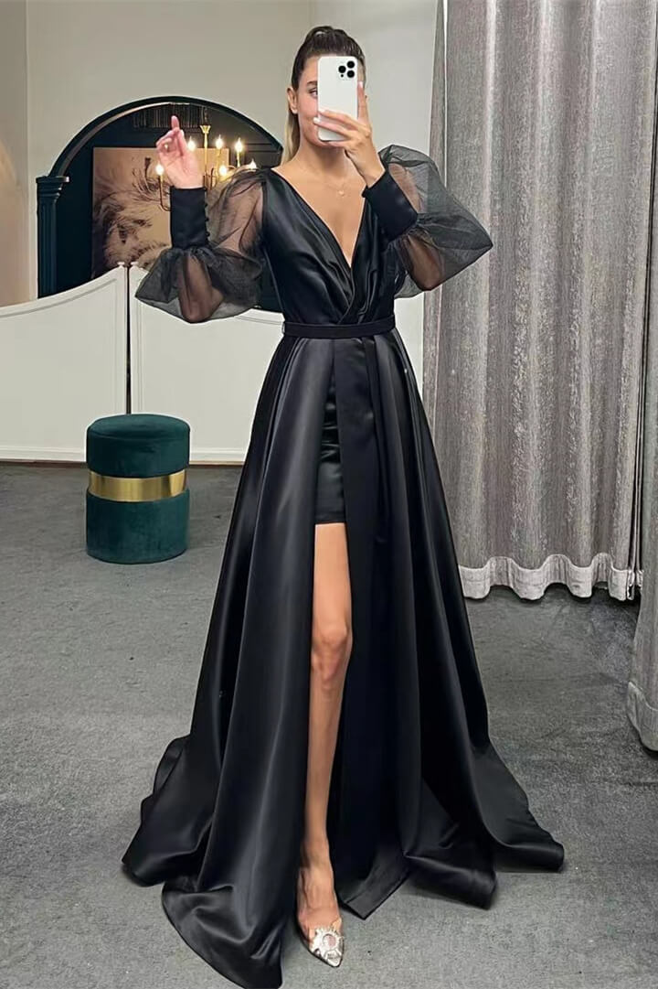 Long Sleeve A-Line Slit Evening Dress with Puff Sleeves