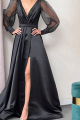 Long Sleeve A-Line Slit Evening Dress with Puff Sleeves