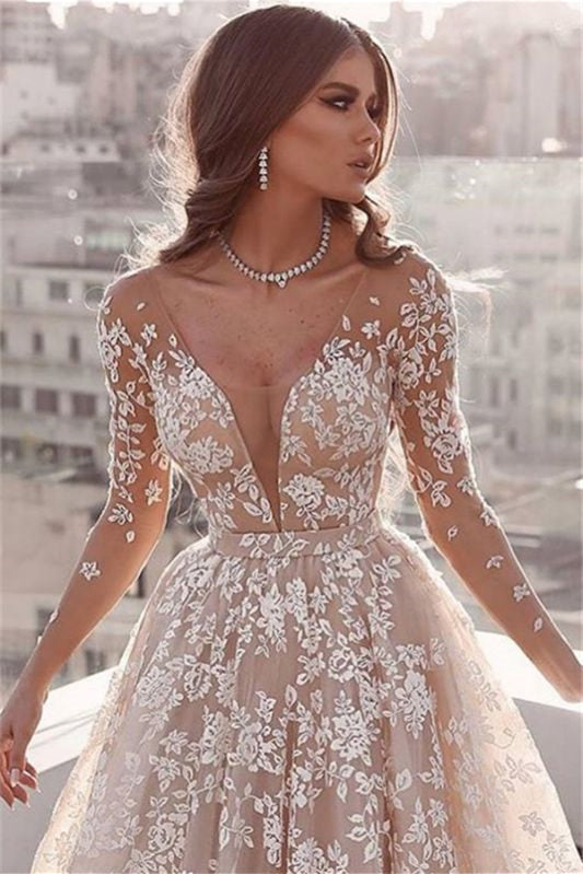 Long Sleeve A-Line Tulle Wedding Dress with Lace Appliques