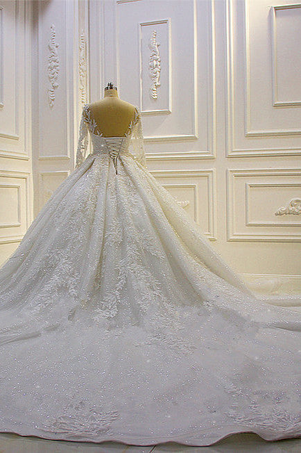 Long Sleeve Ball Gown Beaded Church Train Wedding Dress with Lace Appliques