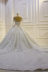 Long Sleeve Ball Gown Beaded Church Train Wedding Dress with Lace Appliques