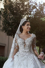 Long Sleeve Ball Gown Wedding Dress with Beaded Lace Appliques