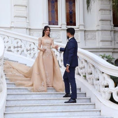 Long Sleeve Bateau Detachable Tulle Wedding Dress