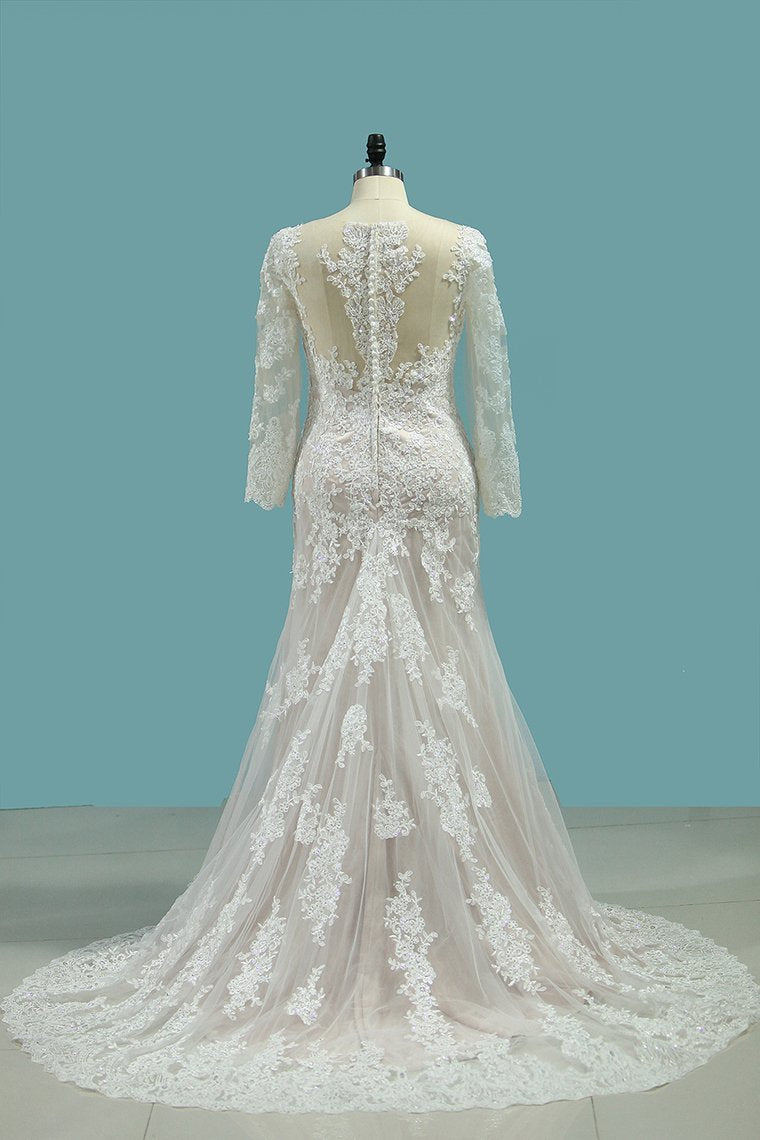 Long Sleeve Bateau Floor-Length Mermaid Wedding Dress with Lace Appliques
