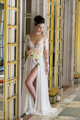 Long Sleeve Chiffon Wedding Dress with Slit