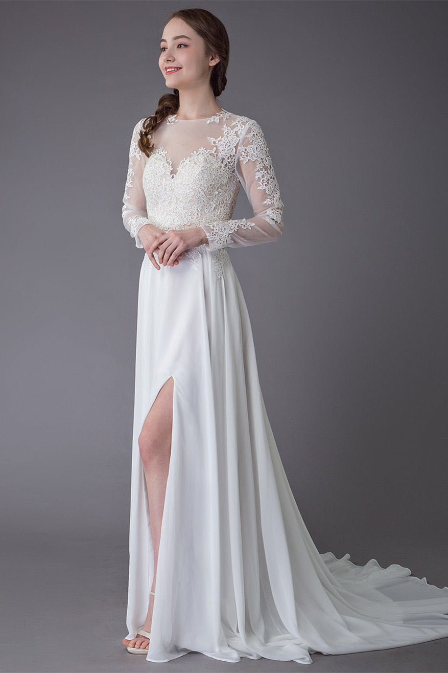 Long Sleeve Lace Wedding Dress with Slit