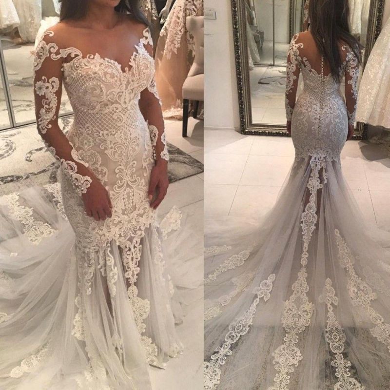 Long Sleeve Off-the-Shoulder Beaded Mermaid Wedding Dress with Lace Appliques